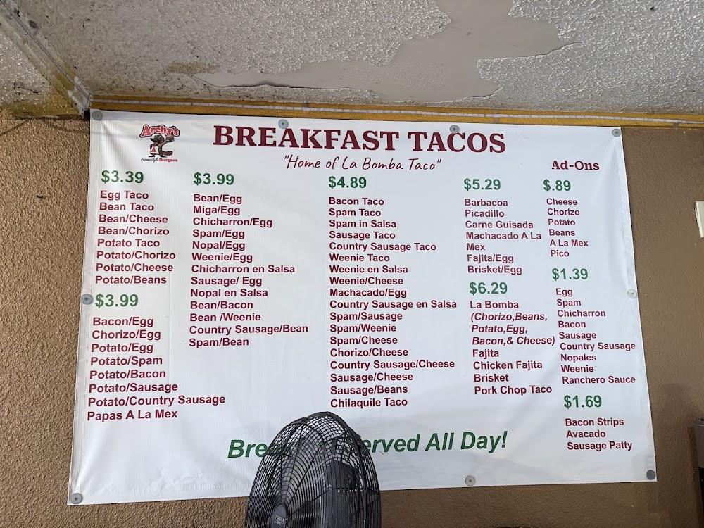 Archy's Homestyle Burgers Menu image 1